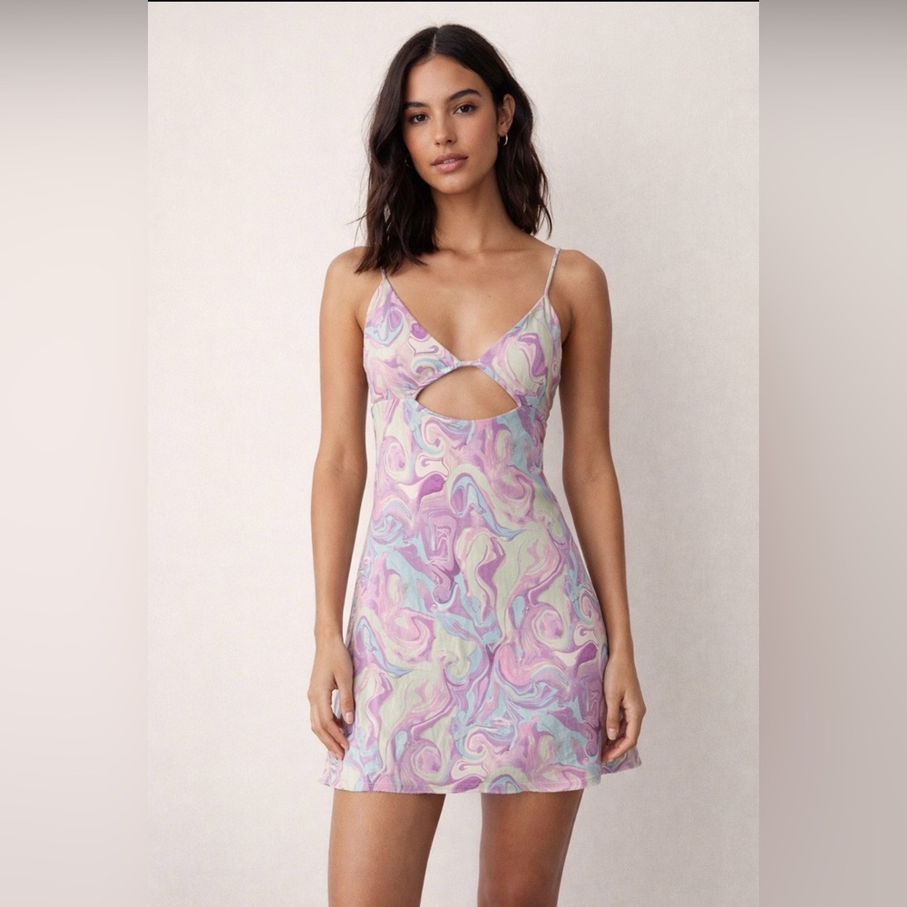 Zara satin effect cut-out mini dress pastel multi-color marble print lined Small